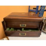 A VINTAGE CANTEEN OF CUTLERY BOX WITH TWO DRAWERS AND A SMALL AMOUNT OF FLATWARE