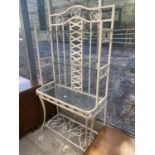 A MODERN PAINTED WROUGHT IRON DISPLAY STAND WITH GLASS SHELVES, 36" WIDE