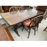 A MODERN REFECTORY STYLE DINING TABLE, 65x30" AND FOUR WHEELBACK WINDSOR STYLE CHAIRS