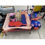 VARIOUS CHILDRENS TOYS TO INCLUDE MINI TRAMPOLINE, ROUNDERS BATS, RIDE ON TOY ETC.