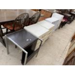 A MODERN LEATHER TOPPED TABLE, FIVE WHITE UNITS AND TWO CHAIRS