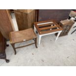 A CANE SEATED STOOL, LUGGAGE STAY AND SMALL HANGING CABINET