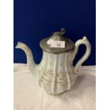 A STAFFORDSHIRE STONEWARE 'SMEAR GLAZE' COFFEE POT WITH METAL HINGED LID AND GOLD PAINTED DETAIL