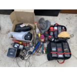 A QUANTITY OF HAND TOOLS TO INCLUDE BATTERY CHARGER, NEW SAFETY BOOTS, CAR CLEANING KIT ETC.