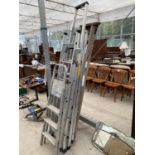 THREE SETS OF ALUMINIUM LADDERS AND FURTHER WOODEN 7 RUNG STEP LADDER