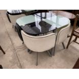 AN ART DECO STYLE GLASS TOP TABLE AND FOUR CHAIRS UPHOLSTERED IN BLACK AND WHITE VINYL ON SPLAY FEET