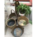 FOUR BRASS JAM PANS, A BRASS COAL SCUTTLE ETC.