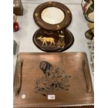 A NAUTICAL LIFE BUOY FRAME, A WOODEN PLAQUE AND A RHODESIAN COPPER TRAY WITH HANDLES