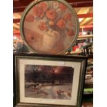 A CIRCULAR FRAMED FLOWER PRINT AND A FRAMED PRINT OF 'THE SHORTENING WINTER'S DAY'