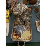 AN ASSORTMENT OF SILVER PLATED ITEMS TO INCLUDE TRAYS, FLATWARE ETC