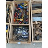 ONE WOODEN BOX TO INCLUDE SCISSORS, LARGE QUANTITY OF SCREW DRIVERS ETC.