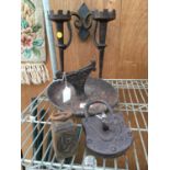 A VINTAGE BOOT SCRAPER, VINTAGE LOCK AND KEY, 2LB WEIGHT AND WALL MOUNTED CANDLE HOLDER