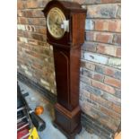 A MAHOGANY GRANDDAUGHTER CLOCK (GLASS A/F)