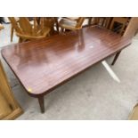 A VINTAGE MAHOGANY COFFEE TABLE, 60x26", WITH TURNED LEGS ON BRASS TERMINALS