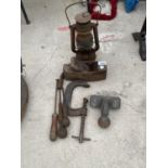 A VINTAGE PARAFFIN LAMP, PLANE, G CLAMP, TOW BAR ATTACHMENT ETC.