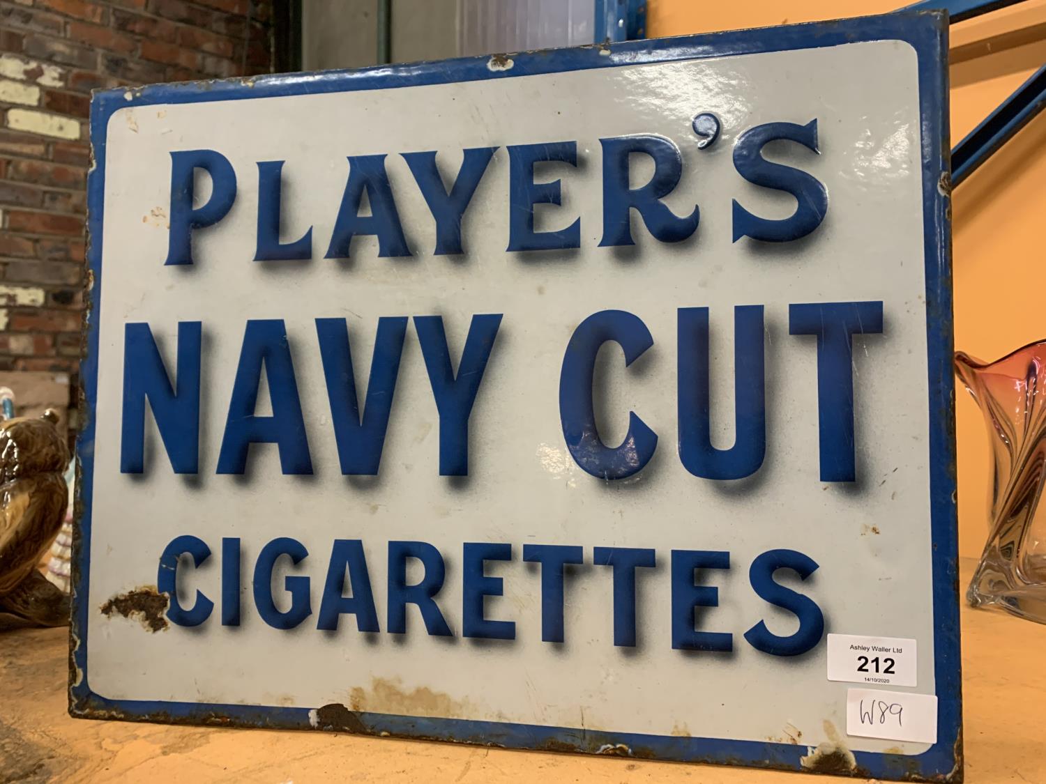 A VINTAGE ENAMEL DOUBLE SIDED SIGN "PLAYERS NAVY CUTY CIGARETTES"