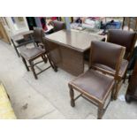 AN OAK DROP LEAF DINING TABLE AND FOUR DINING CHAIRS