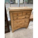 A STRIPPED PINE CHEST OF TWO SHORT AND THREE LONG DRAWERS, 38" WIDE