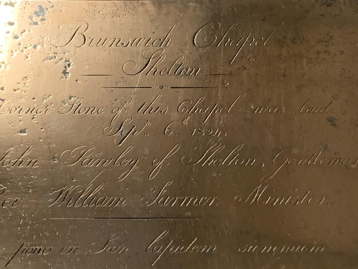 AN ENGRAVED COPPER WALL PLAQUE FROM BRUNSWICK CHAPEL SHELTON 1824 - Image 2 of 2