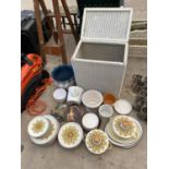 A VINTAGE, GLASS TOPPED, LINEN BASKET WITH CONTENTS OF STONEHENGE MIDWINTER TABLEWARE, VARIOUS PLANT