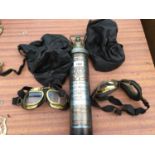 TWO SETS OF BRASS AND LEATHER FLYING GOGGLES, TWO LEATHER FLYING HELMETS, GLOVES AND A VINTAGE
