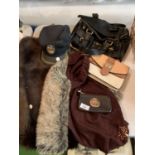 A COLLECTION OF VINTAGE APPAREL TO INCLUDE TWO FUR STOLES, A MULBERRY HANDBAG WITH COVER AND A