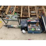 A TOOL BOX WITH CONTENTS, GARDEN SEAT, PLANT SUPPORT, ETC.