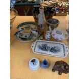 AN ASSORTMENT OF CERAMIC WARE TO INCLUDE A PAIR OF VASES AND A SILVERPLATED ROSE BOWL ETC