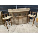 AN OAK BAR AND TWO BAR STOOLS