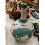 A GREY TURQUOISE AND TEAL DECORATIVE CERAMIC BOTTLE WITH HORSE DESIGN