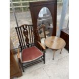 AN EARLY 20TH CENTURY OAK LOW ELBOW CHAIR WITH BARLEYTWIST UPRIGHTS, TWO MIRRORS AND AN OCCASIONAL
