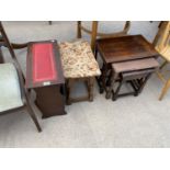 A MAHOGANY MAGAZINE RACK TABLE, AN OAK STOOL AND AN OAK NEST OF TABLES