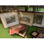 SEVERAL FRAMED PRINTS, WORKS IN THE FIELD, CASTLE ETC AND A FOLDER OF SHEET MUSIC,