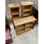 TWO NARROW PINE SHELVES AND WALL SHELVES WITH SINGLE DRAWER