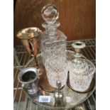 A CUT GLASS DECANTER, TWO CUT GLASS WHISKEY GLASSES AND VARIOUS SILVER PLATED ITEMS