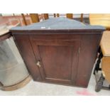 A 19TH CENTURY OAK FLAT FRONTED CORNER CUPBOARD, 34" WIDE