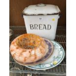 AN ENAMEL BREAD TIN, RETRO OPAQUE GLASS LIGHT SHADE AND TWO SERVING PLATTERS