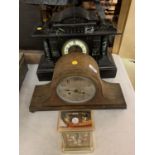 A BLACK SLATE MANTLE CLOCK, A WOODEN NAPOLEON HAT CLOCK AND A BATTERY CARRIAGE CLOCK