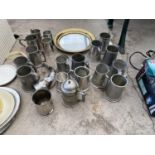 A LARGE COLLECTION OF PEWTER TANKARDS, MIRRORED SERVING TRAY AND A HORN