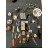 AN ASSORTMENT OF VARIOUS COLLECTABLE ITEMS TO INCLUDE SIX WATCHES, SILVER SUGAR TONGS ETC