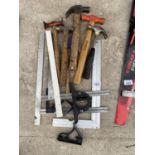 VARIOUS ITEMS TO INCLUDE HAMMERS, SET SQUARES