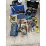 A LARGE QUANTITY OF TOOLS TO INCLUDE OIL CANS, DRILL, HAMMERS ETC.
