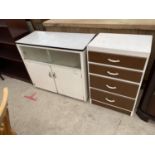 A 1950'S KITCHEN SIDE CABINET WITH CUPBOARDS AND SLIDING GLASS DOORS AND PAINTED FOUR DRAWER CHEST