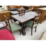 AN OAK REFECTORY STYLE DINING TABLE AND FOUR EDWARDIAN CHAIRS