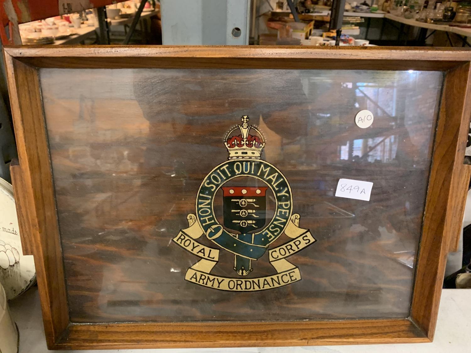 A ROYAL CORPS ARMY ORDNANCE WOOD AND GLASS TRAY