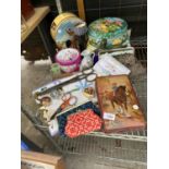 VINTAGE ITEMS TO INCLUDE TINS, TAPESTRY PURSES, SCISSORS, IRISH LINEN, CROCHET BLANKET, ETC.