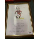 A FRAMED NOBBY STILES AUTOGRAPH AND CARICATURE CARTOON