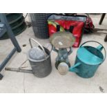 A GALVANISED WATERING CAN, GALVANISED FROG BIRD BATH AND FURTHER METAL WATERING CAN