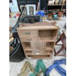 A SMALL PINE CABINET AND A VINTAGE KITCHEN STOOL