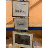 A TRIO OF FRAMED PRINTS TO INCLUDE TWO PEN AND INK SIGNED BEACH SCAPES
